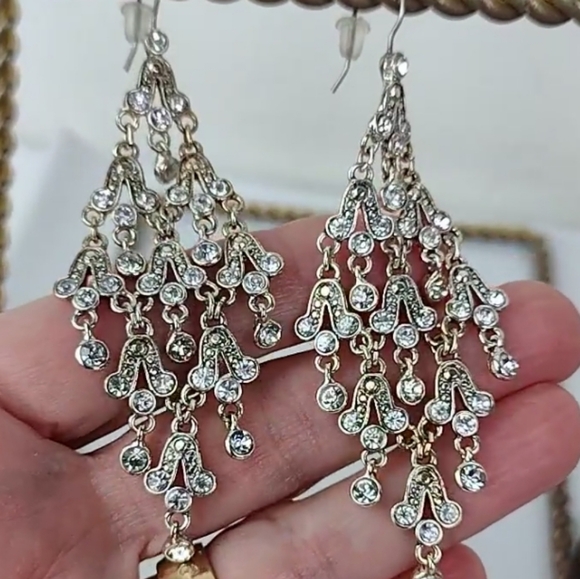 Rhinestone Chandelier Fringe Silver-Tone With Golden Hue Drop Earrings - Picture 11 of 11